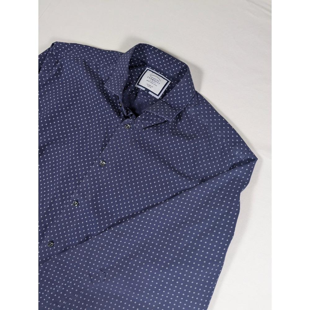 Charles Tyrwhitt Mens XL Classic Fit Non-Iron Short Sleeve Shirt Navy Geometric